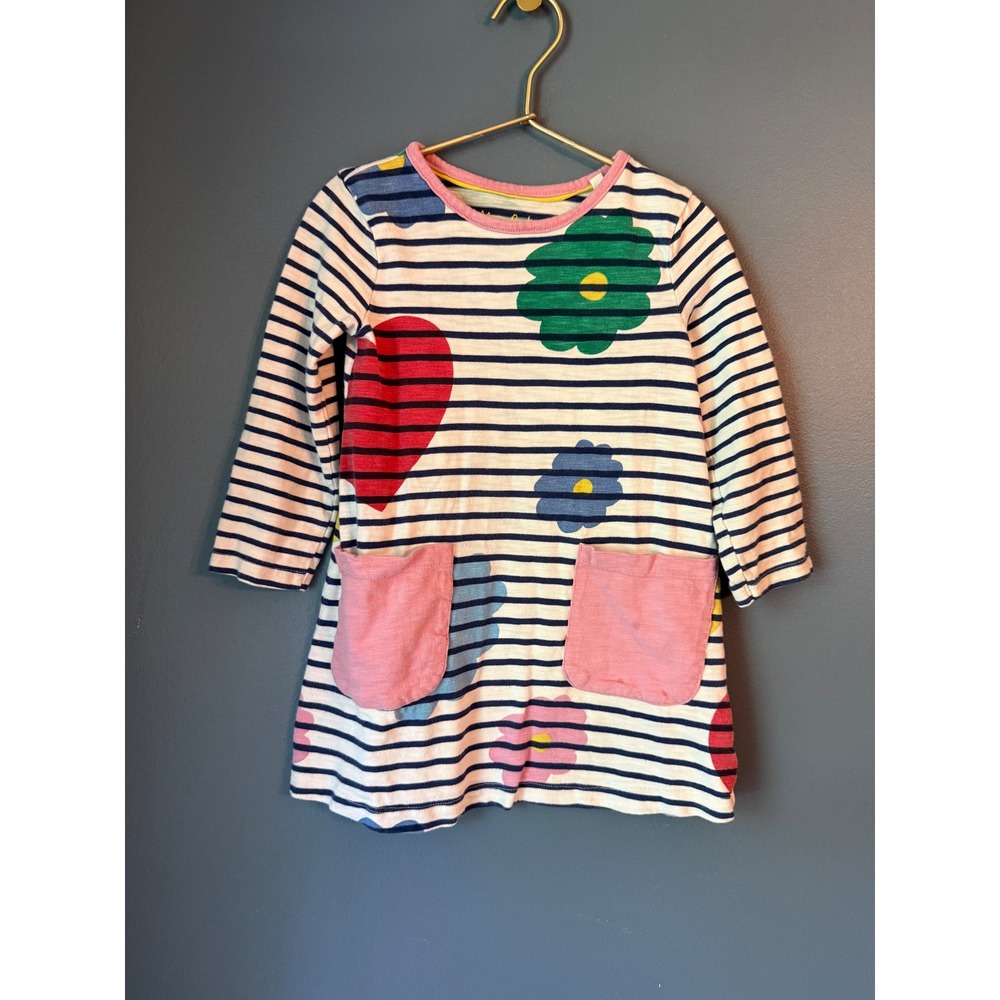 Mini Boden Girls Striped Floral Heart Jersey Dress Long Sleeve Pink Pockets 3-4Y